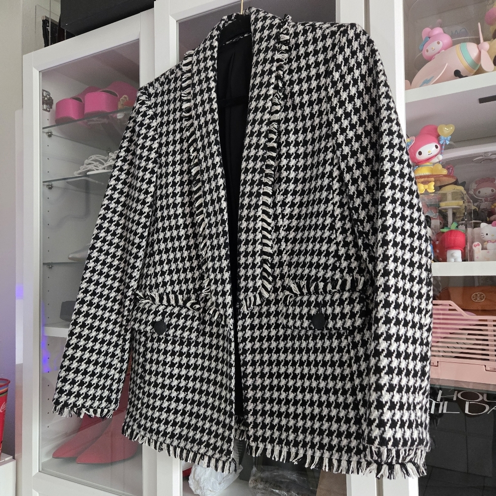 EXPRESS Blazer Coat Houndstooth Black and White - Picture 3 of 13